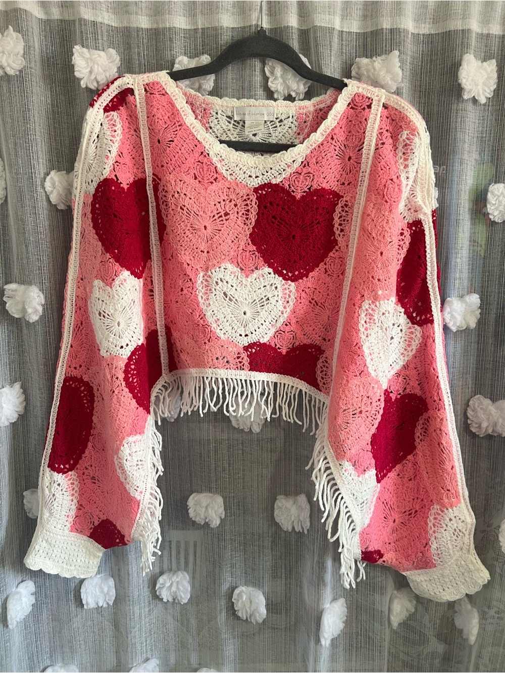House Of Harlow Crochet Heart-Pattern Pink & Red Women's Sweater with Fringe